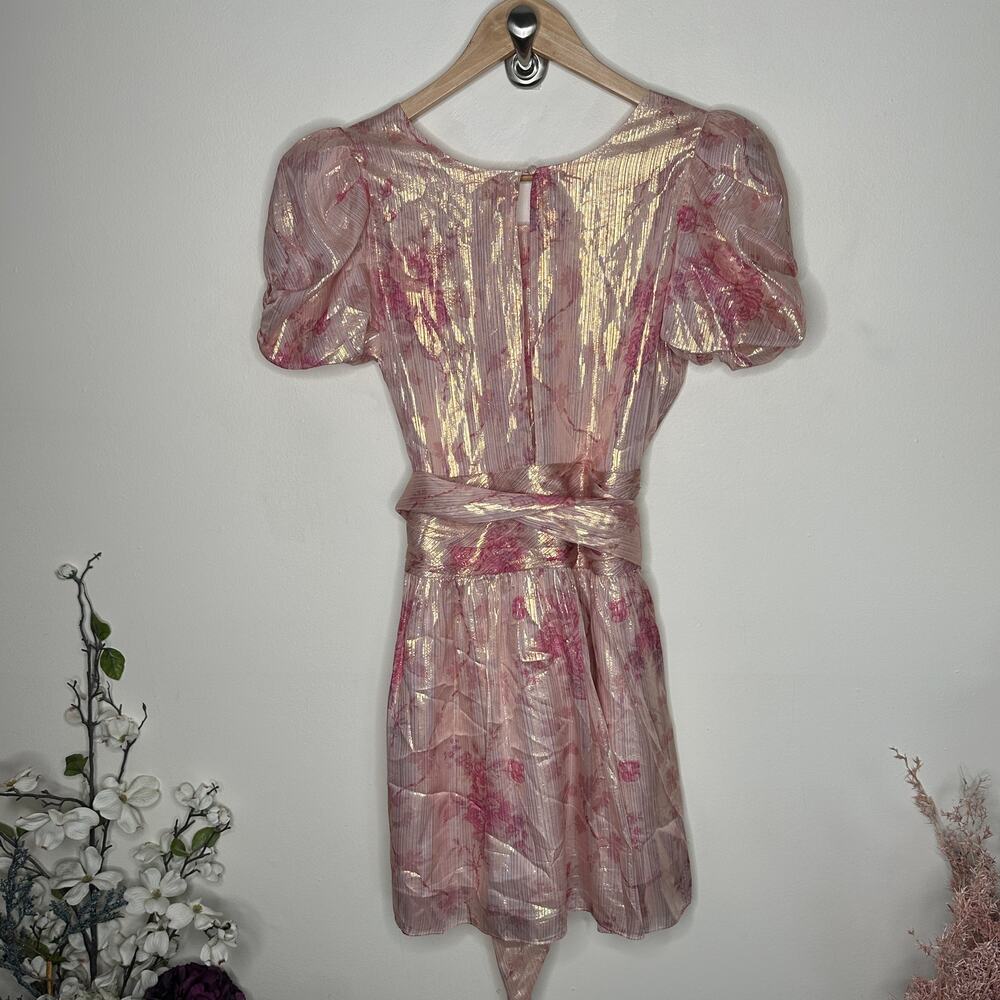 LOVESHACKFANCY Mercy Silk Metallic Puff Sleeve Mini Dress Pink Sz 6 $530 {LL13} - Picture 6 of 8